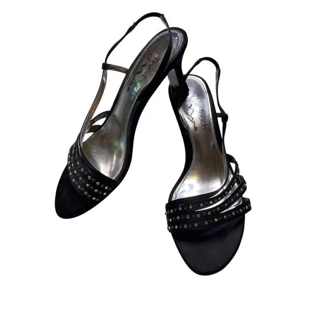 The Touch of Nina Black Satin Rhinestone Slingback Heels Elegant Chic Formal